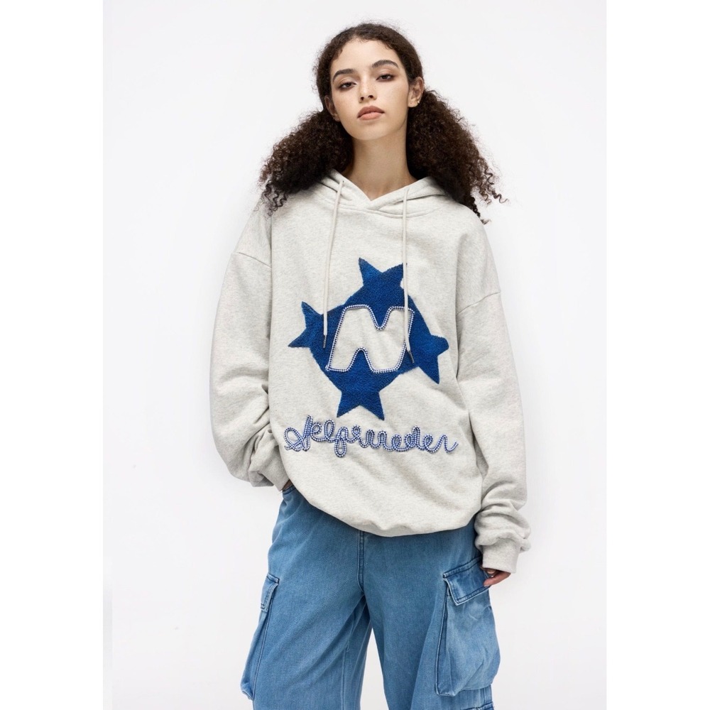 Aelfric Eden Hoodie Womens Medium Gray Blue Star Y2K Streetwear Chenille Patch